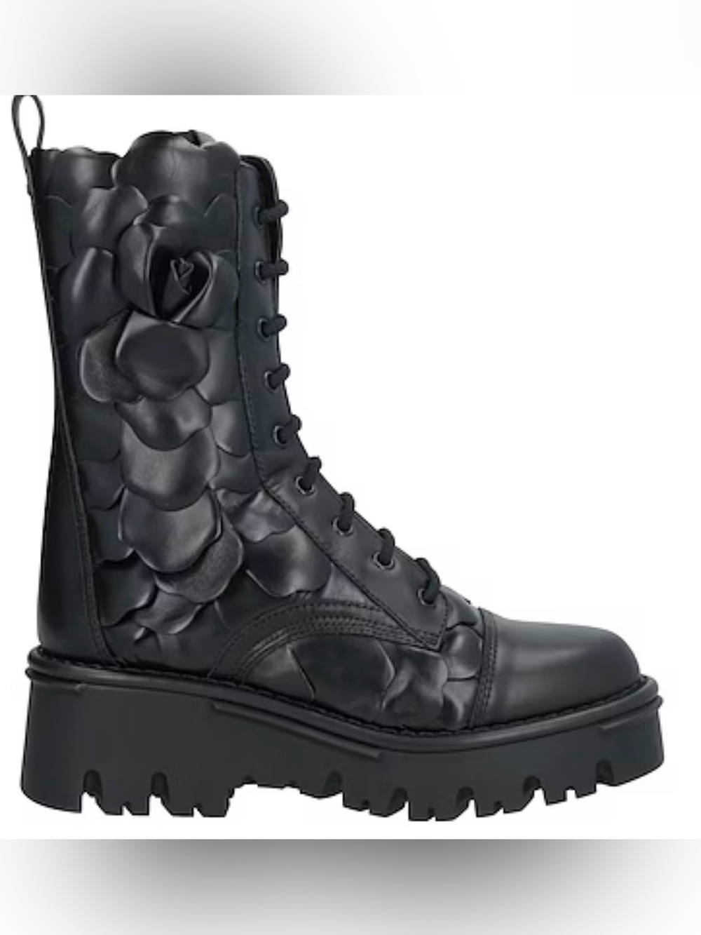 Valentino Black Quilted Leather Combat Boots with Floral Appliqué